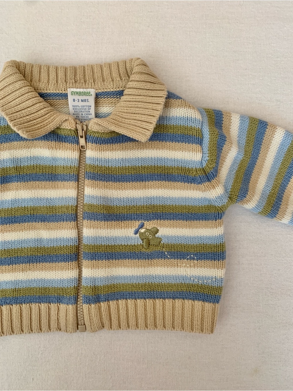 2002 Gymboree 100% Cotton Blue & Green Embroidered Airplane Knit Sweater 0-3M